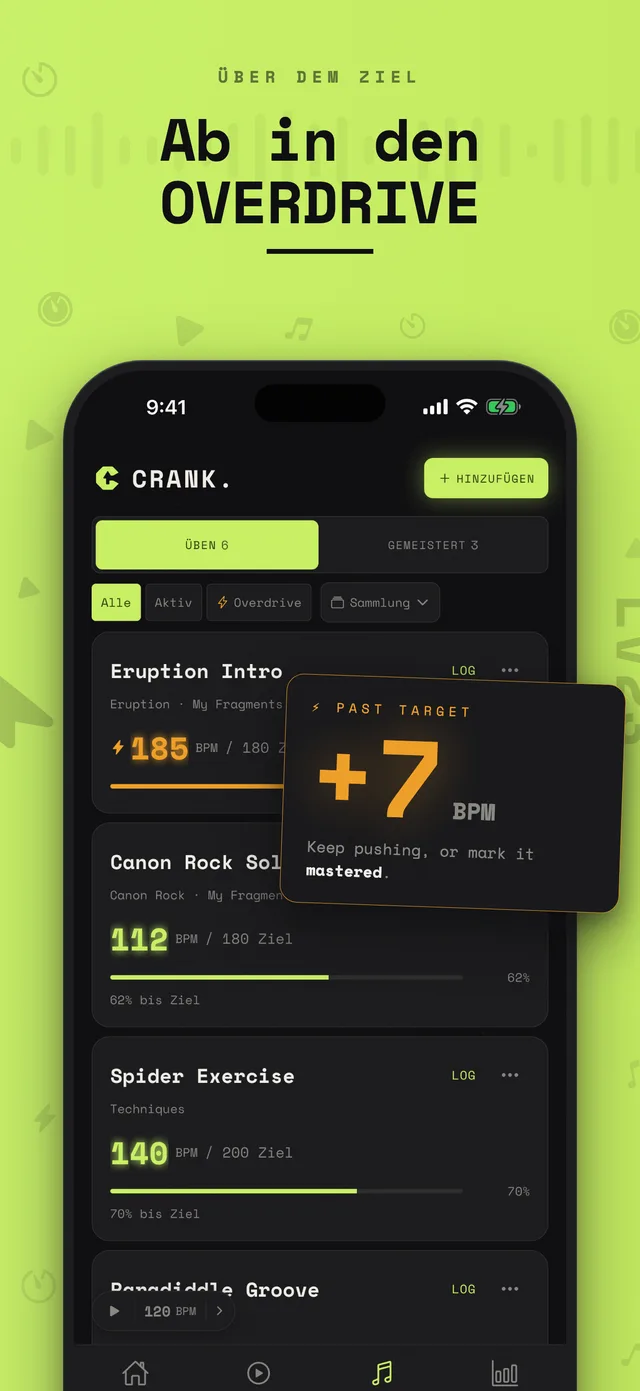 Crank.-Fragmentliste mit Overdrive-Karte über dem Zieltempo