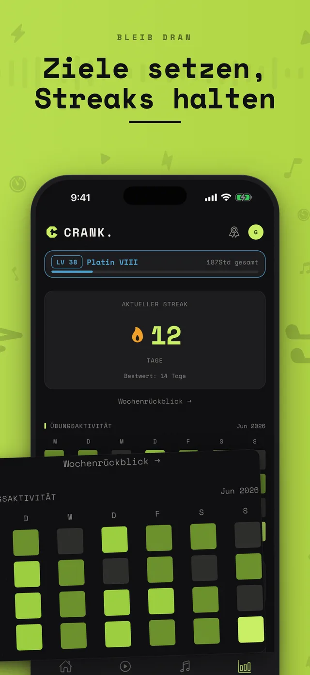 Crank.-Übungsstatistiken mit Streaks, Zielen und Heatmap