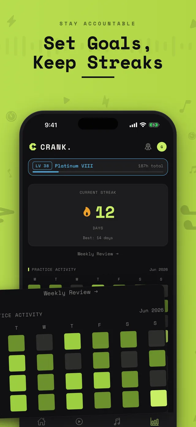 Crank. practice stats with streaks, goals and heatmap
