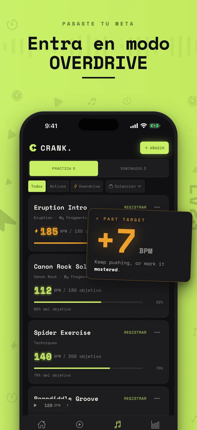 Lista de fragmentos en Crank. con tarjeta en modo overdrive por encima del objetivo