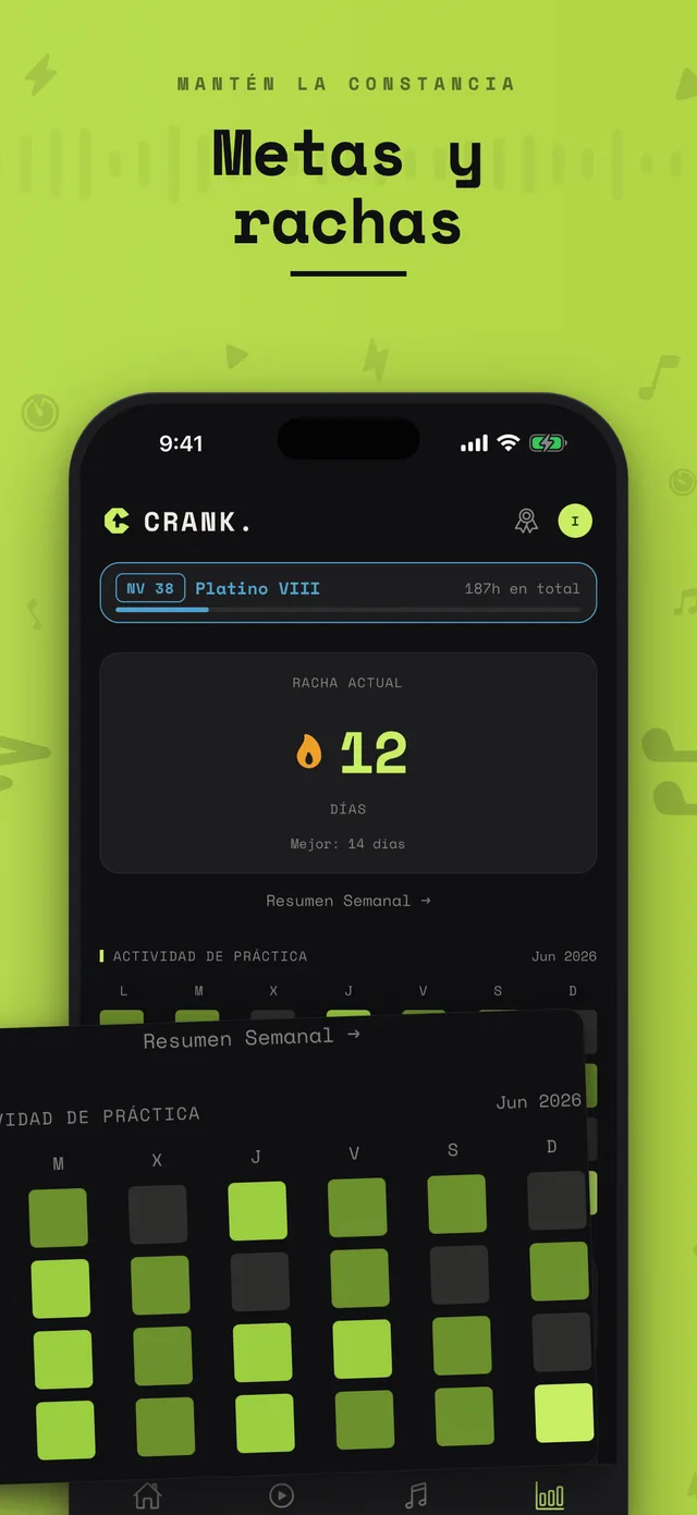 Estadísticas de práctica en Crank. con rachas, metas y mapa de calor