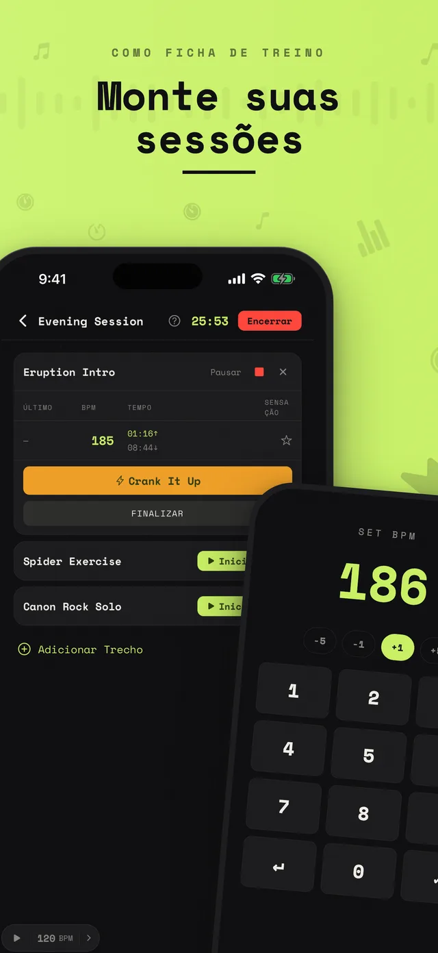Sessão de prática em andamento no Crank. com teclado numérico de BPM