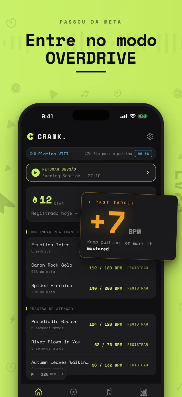 Lista de trechos no Crank. com card em modo overdrive acima da meta